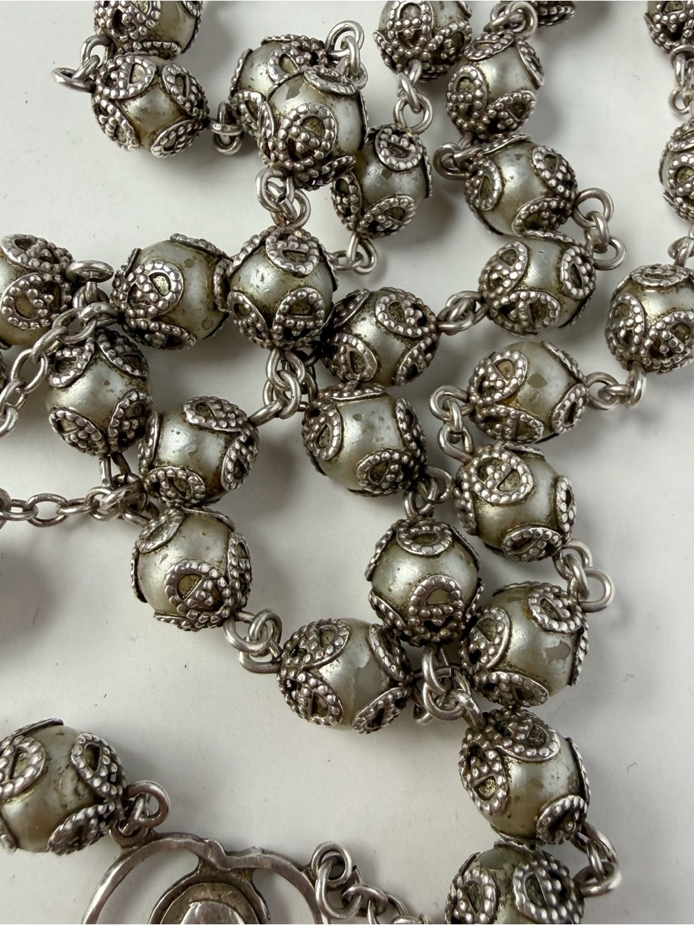Vintage Sterling Silver Rosary Capped Faux Pearls Jesus Sacred Heart AS IS FLAWS - Picture 7 of 11